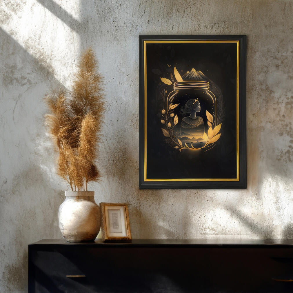 Two black and gold botanical images hung over a dark cabinet