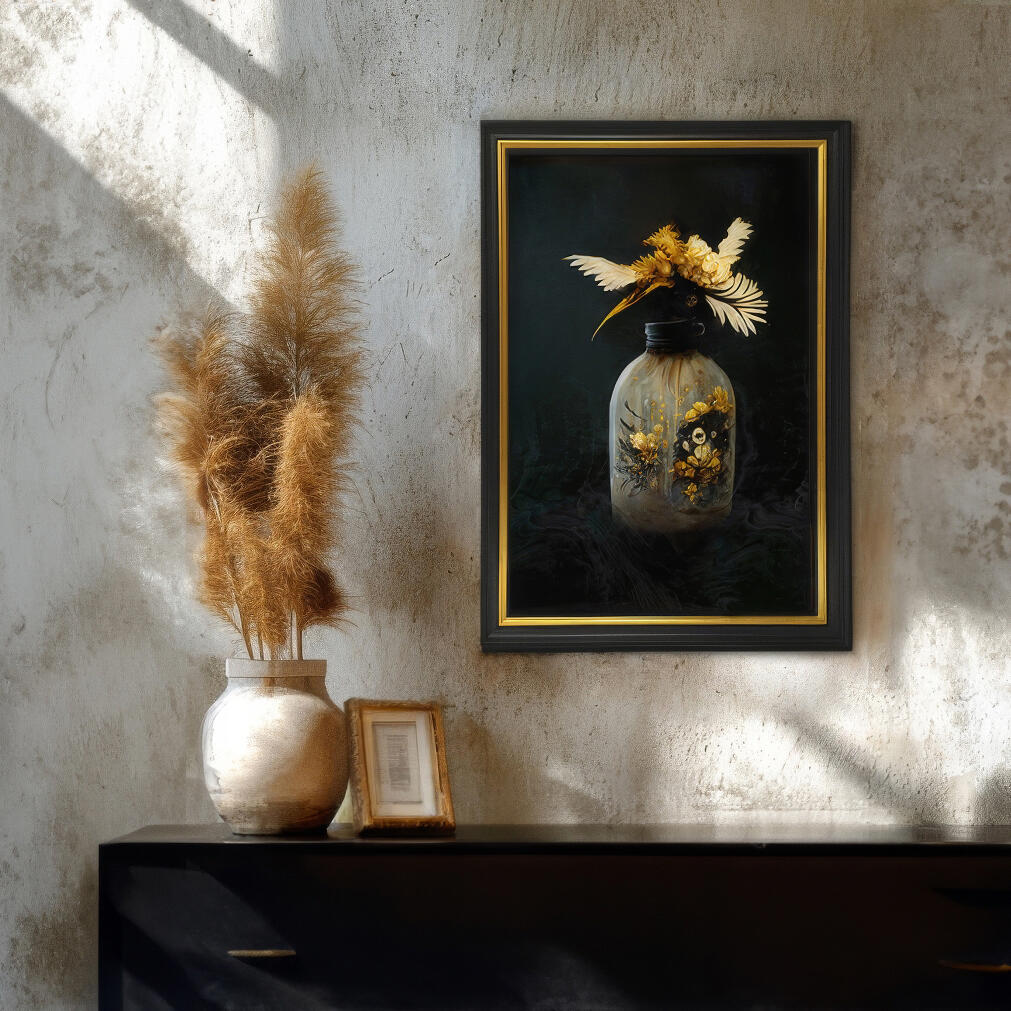 An image of a floral milk bottle in a black and gold frame hung over a dark cabinet